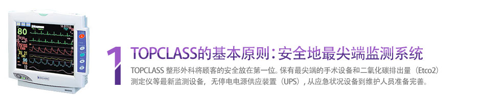1 TOPCLASS的基本原则：安全地最尖端监测系统 TOPCLASS整形外科将顾客的安全放在第一位。保有最尖端的手术设备和二氧化碳排出量（Etco2）测定仪等最新监测设备，无停电电源供应装置（UPS）,从应急状况设备到维护人员准备完善。