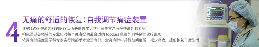 4 无痛的舒适的恢复：自我调节痛症装置 TOPCLASS整形外科的医疗队伍是由首尔大学和三星首尔医院整形外科专家 构成通过各领域的专业化对每个患者提供最合适的topclass整形外科特别的医疗服务，依据麻醉痛症医学科专家实行胸部手术全责麻醉，全身麻醉中并行助间麻醉，减少痛症，提前恢复日常生活
