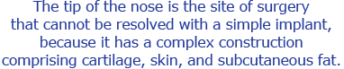 The tip of the nose is the site of surgery 
that cannot be resolved with a simple implant, because it has a complex construction comprising cartilage, skin, and subcutaneous fat. 